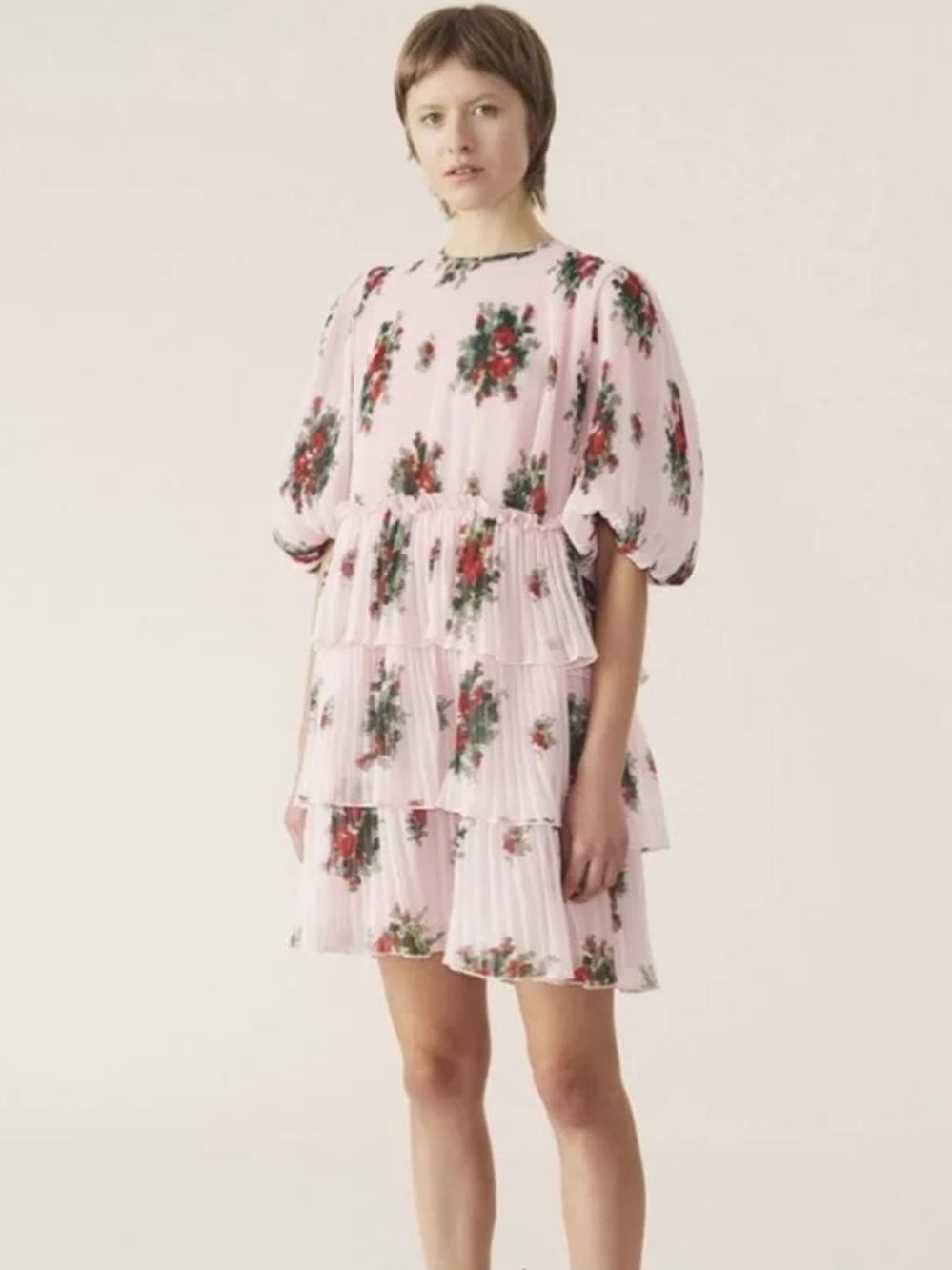 Ganni Pink Floral Tiered Ruffle Dress